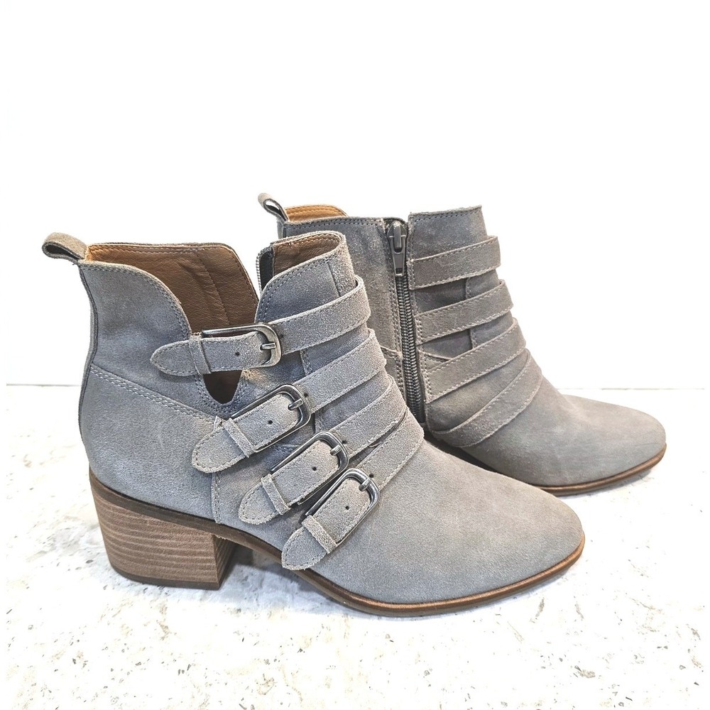 Lucky Brand Women Sz 7 Grey Suede 4 Buckle Strap Moto Booties Stacked Block Heel